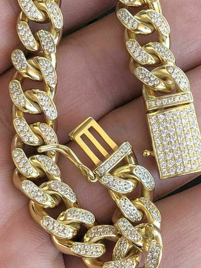 Mens Miami Cuban Link Bracelet 14k Yellow Gold Over Solid 925 Silver Diamonds