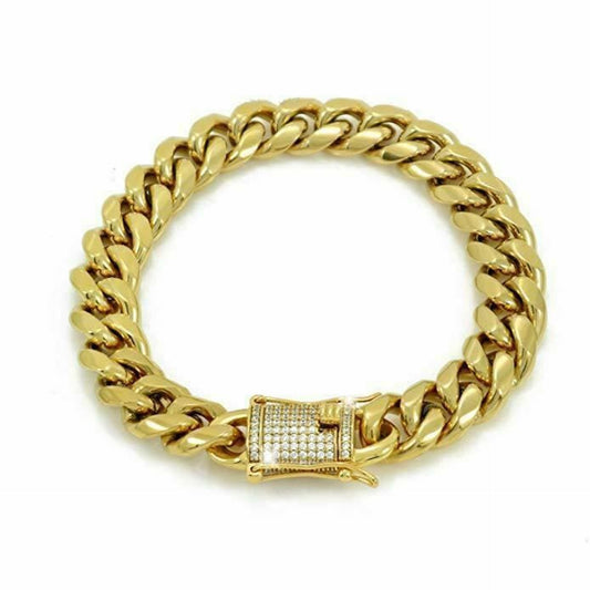 Mens Miami Cuban Link Bracelet 18k Gold Plated 12mm Thick Iced Diamond Clasp ICY