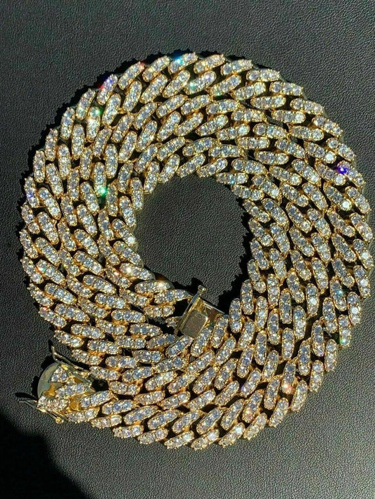 Men's Miami Cuban Link Chain 14k Gold Over Solid 925 Silver Iced Necklace HEAVY