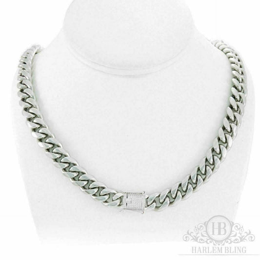 Men's Miami Cuban Link Chain 14k Stainless Steel Solid 925 Silver Diamond Clasp