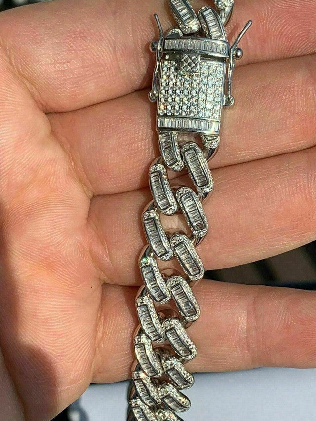 Men’s Miami Cuban Link Choker Chain Real Solid 925 Silver Baguette Diamonds 18"