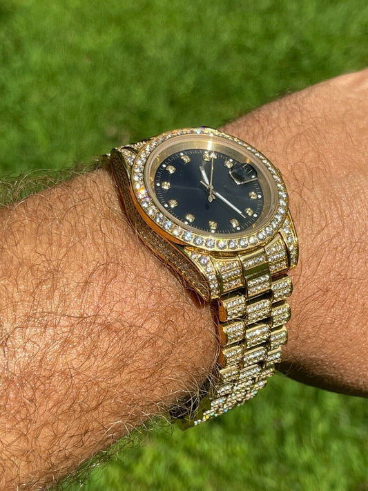 Mens Presidential 14k Gold Over Stainless S. Watch Iced 12ct Flooded Out Diamond