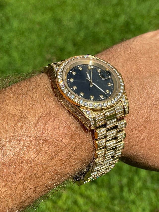 Mens Presidential 14k Gold Over Stainless S. Watch Iced 12ct Flooded Out Diamond