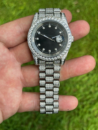 Mens Presidential Stainless 41mm Watch Fully Iced 12ct Flooded Out Diamond Bling