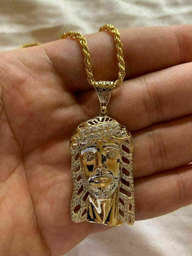 Men's Real 14k Yellow Gold Over 925 Sterling Silver Jesus Piece Necklace 1x1.5"