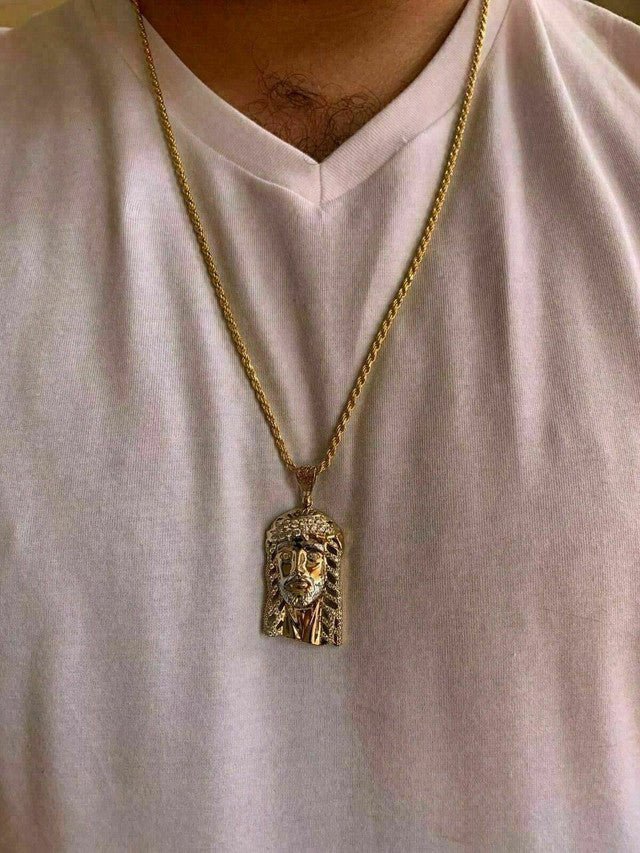 Men's Real 14k Yellow Gold Over 925 Sterling Silver Jesus Piece Necklace 1x1.5"