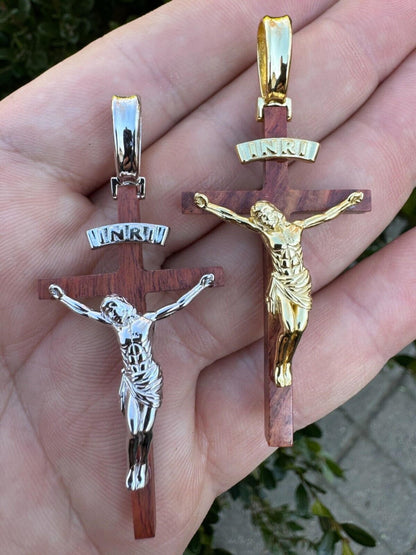 Mens Real 925 Silver & Red Cherry Walnut Wood Jesus On Cross Pendant Necklace 2"