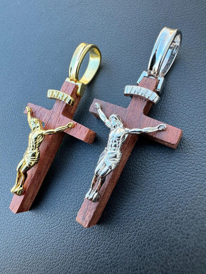 Mens Real 925 Silver Red Cherry Walnut Wood Jesus Cross Pendant Necklace 1.25"