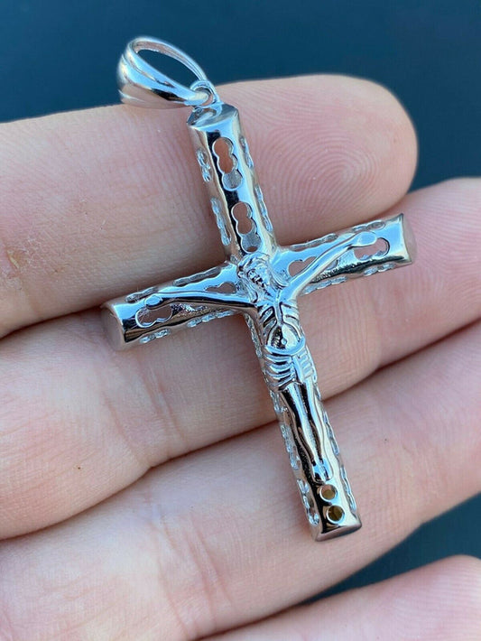 Men's Real 925 Sterling Silver Cross Pendant Necklace 2" Jesus On Crucifix Piece
