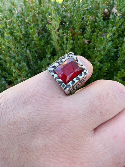 Mens Real 925 Sterling Silver Iced Simulated Big Red Ruby Nugget Hip Hop Ring