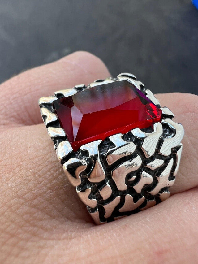 Mens Real 925 Sterling Silver Iced Simulated Big Red Ruby Nugget Hip Hop Ring