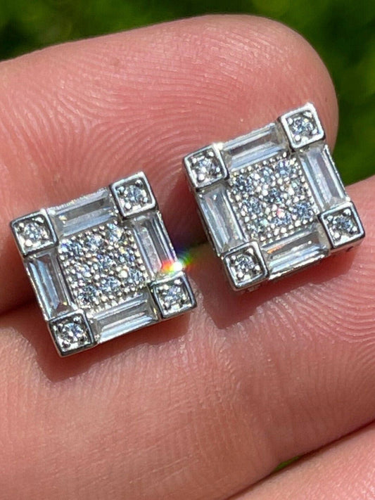 Mens Real 925 Sterling Silver Square Iced Baguette Diamond HipHop Earrings Studs