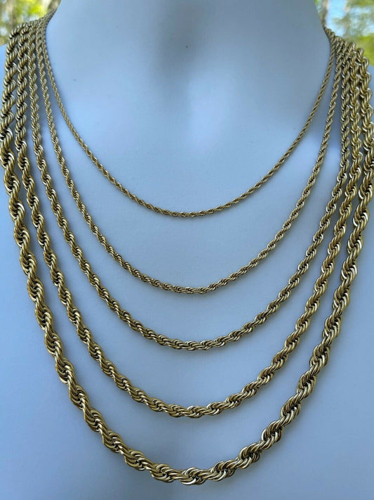 Men's Real Rope Chain Necklace 14k Gold Over Stainless Steel - 2mm-6mm 18-30"