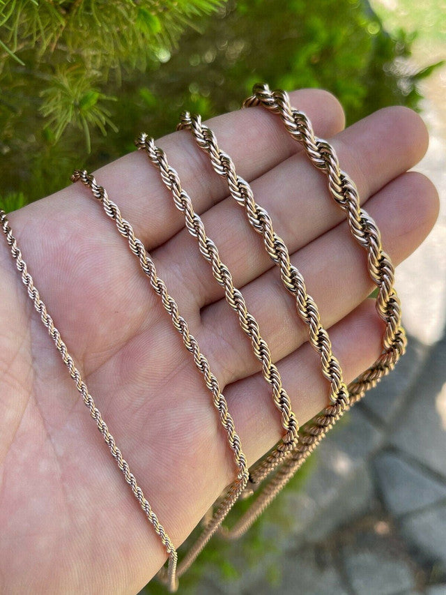Men's Real Rope Chain Necklace 14k Rose Gold Over Stainless Steel 2mm-6mm 18-30"