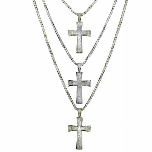 Mens Real Solid 925 Silver Cross W. Tennis Chain Pendant Iced Icy Hip Hop Rapper