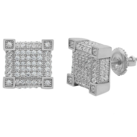 Mens Real Solid 925 Silver Iced Diamond Hip Hop Earrings Studs Screw Back Cube