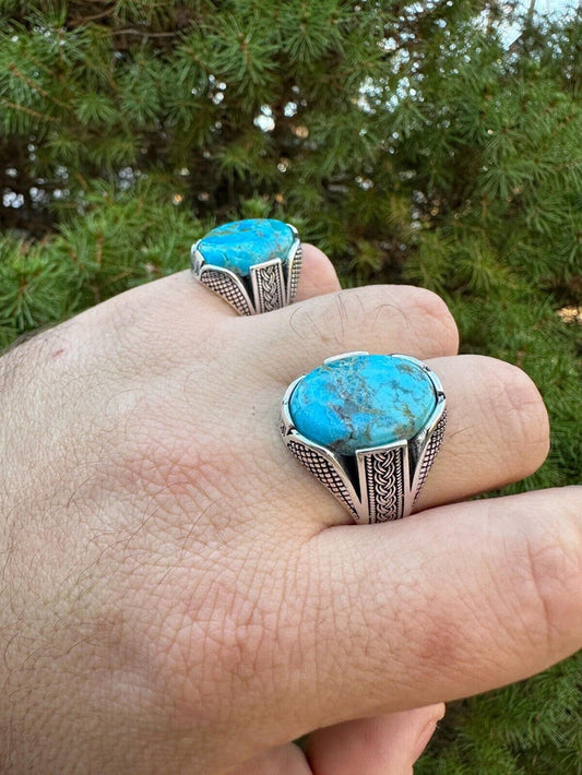 Mens Real Solid 925 Sterling Silver Blue Turquoise Natural Native Gemstone Ring