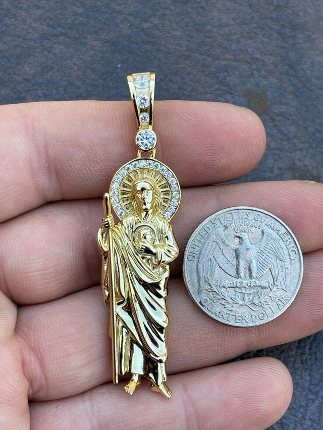 Men's Real Solid 925 Sterling Silver / Gold St Jude San Judas Tadeo Iced Pendant