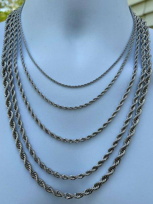 Men's Real Solid Rope Chain Necklace Stainless Steel - Rhodium - 2mm-6mm 18-30"