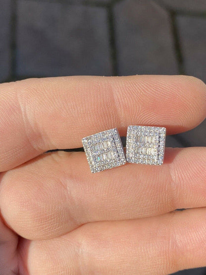 Mens Real Solid Sterling Silver Iced Baguette Diamond Earrings Studs 10mm Square