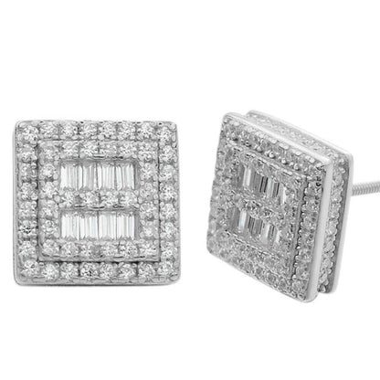 Mens Real Solid Sterling Silver Iced Baguette Diamond Earrings Studs 10mm Square