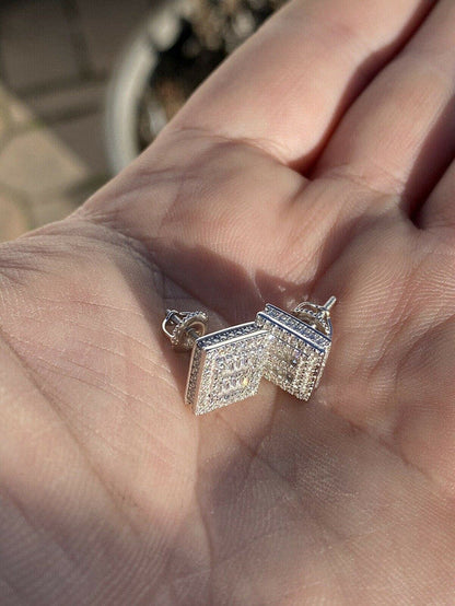 Mens Real Solid Sterling Silver Iced Baguette Diamond Earrings Studs 10mm Square