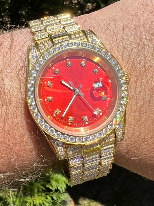 Mens Red Dial Presidential Real SS 41mm Gold Watch Iced 12ct Flooded Out Diamond