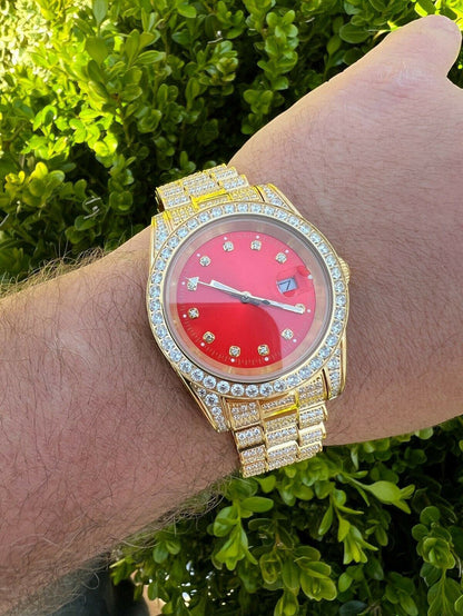 Mens Red Dial Presidential Real SS 41mm Gold Watch Iced 12ct Flooded Out Diamond