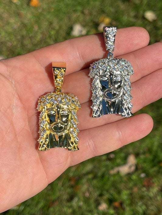 Men's Solid 925 Silver / Gold Jesus Piece Iced Hip Hop Necklace Baguette Diamond