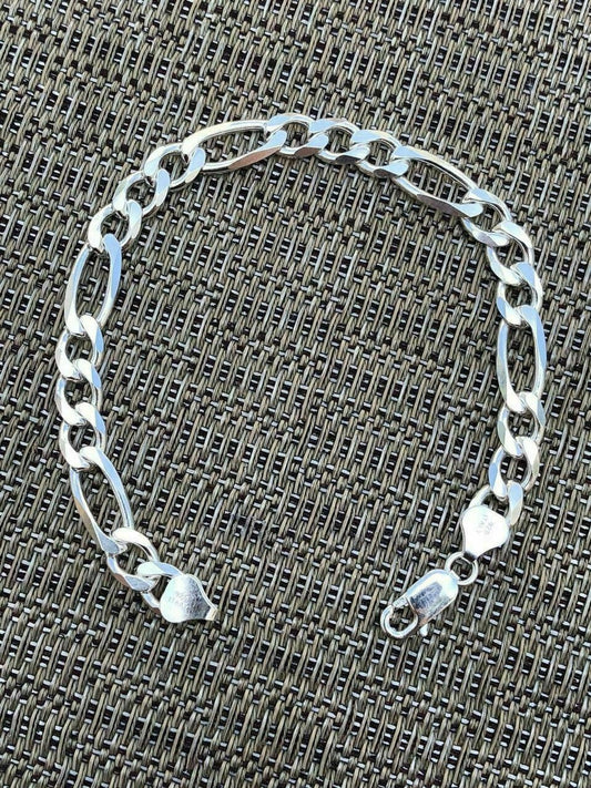 Men’s Thick 7.5mm Figaro Bracelet Solid 925 Sterling Silver 8" 13.5g Italy Made