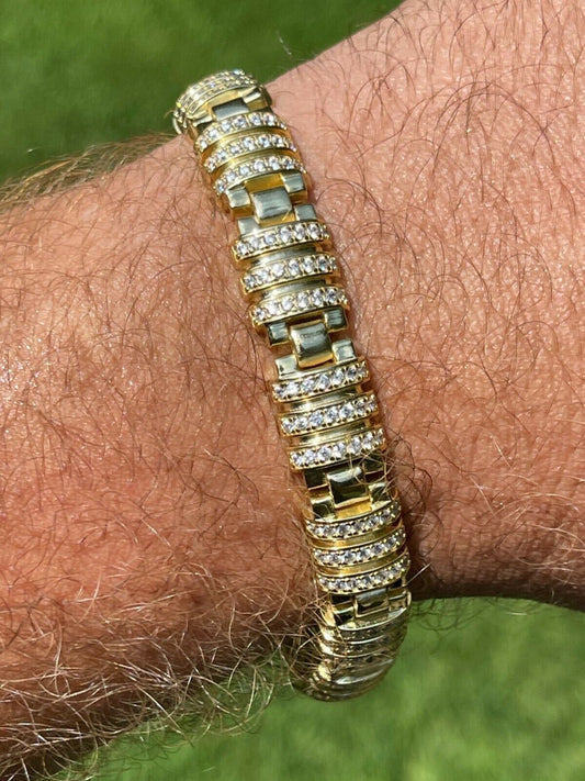 Men’s Unique Custom Bracelet Real 14k Gold Vermeil 925 Silver Iced Diamond Out