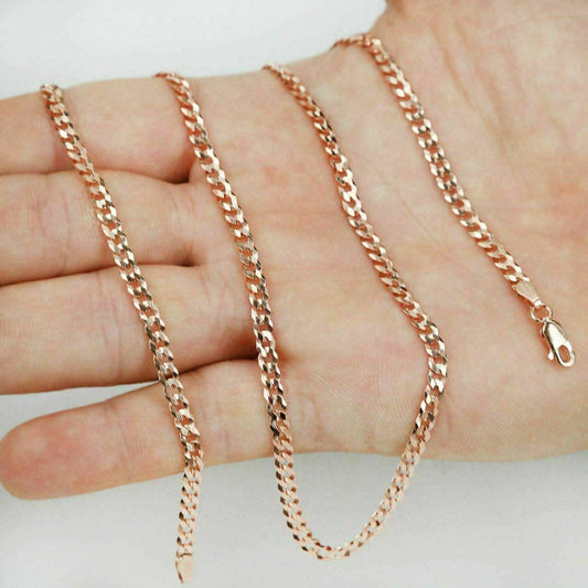 Men's Women's 14K Rose Gold Over Solid 925 Silver Cuban Link Chain 4mm ITALY