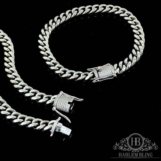 Miami Cuban Bracelet & Chain Set Stainless Steel 8mm Real Silver Diamond Clasp