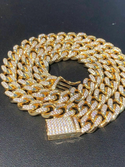 Miami Cuban Link Chain 14k Yellow Gold Over Solid 925 Silver Icy 10mm HEAVY ICED