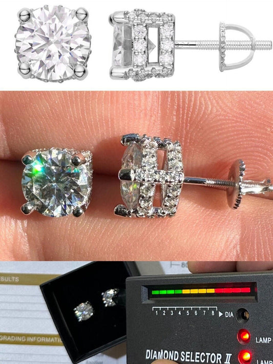 Moissanite 3D Iced Prong Solitaire Screwback Large Stud Earrings 925 Silver 8mm