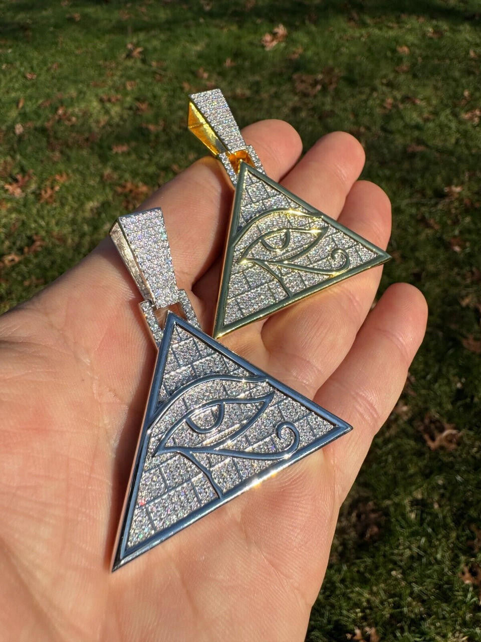 MOISSANITE All Seeing Illuminati Eye Masonic Pyramid Medallion Necklace Silver