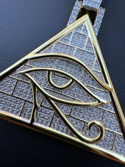 MOISSANITE All Seeing Illuminati Eye Masonic Pyramid Medallion Necklace Silver