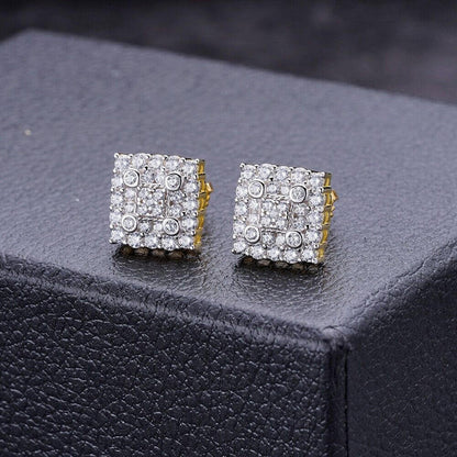 MOISSANITE Earrings Square Real 925 Silver 14k Gold Plated Iced Studs Hip Hop