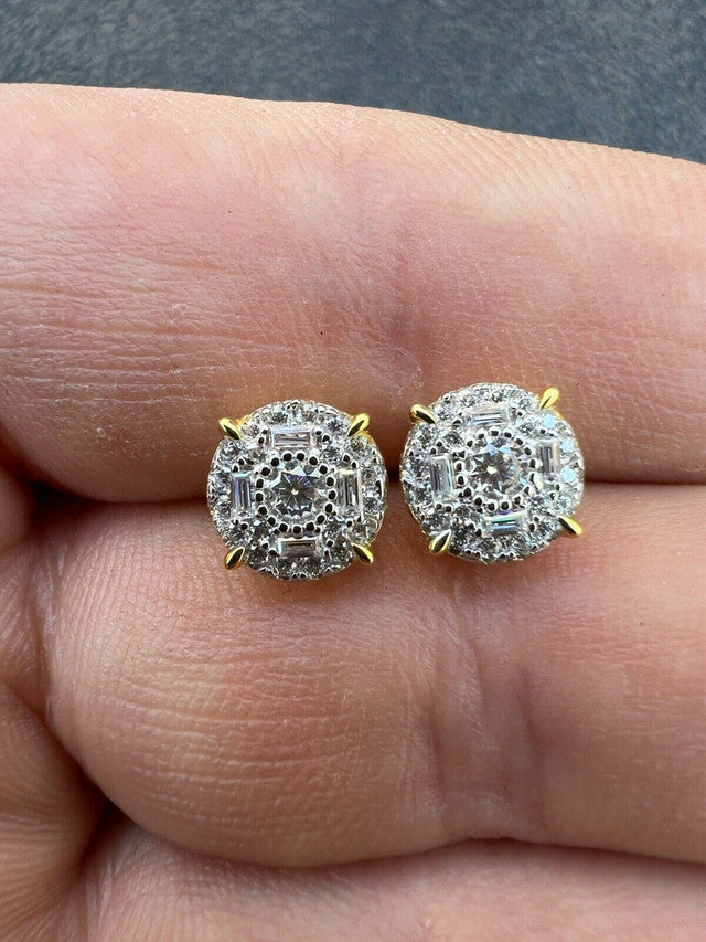 Moissanite Gold Vermeil HipHop 8mm Earrings Round Cluster Stud Pass Diamond Test