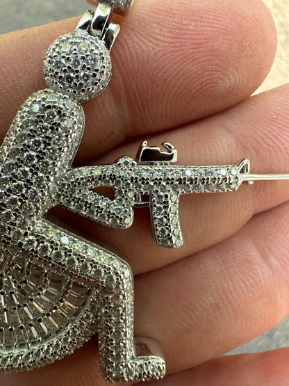 Moissanite Handicap In Wheelchair & AK47 Gun 925 Silver 14K Gold Plated Iced Pendant