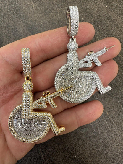 Moissanite Handicap In Wheelchair & AK47 Gun 925 Silver 14K Gold Plated Iced Pendant