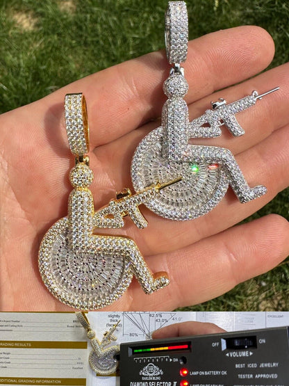 Moissanite Handicap In Wheelchair & AK47 Gun 925 Silver 14K Gold Plated Iced Pendant