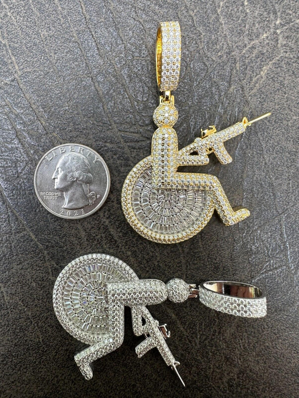 Moissanite Handicap In Wheelchair & AK47 Gun 925 Silver 14K Gold Plated Iced Pendant