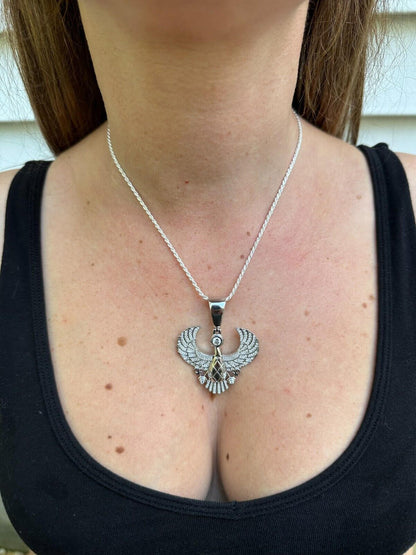 Moissanite Horus Egyptian Falcon Wing Pendant Necklace in 14k White & Yellow Gold on 925 Sterling Silver Chain