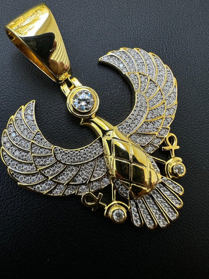 Moissanite Horus Egyptian Falcon Wing Pendant Necklace in 14k White & Yellow Gold on 925 Sterling Silver Chain