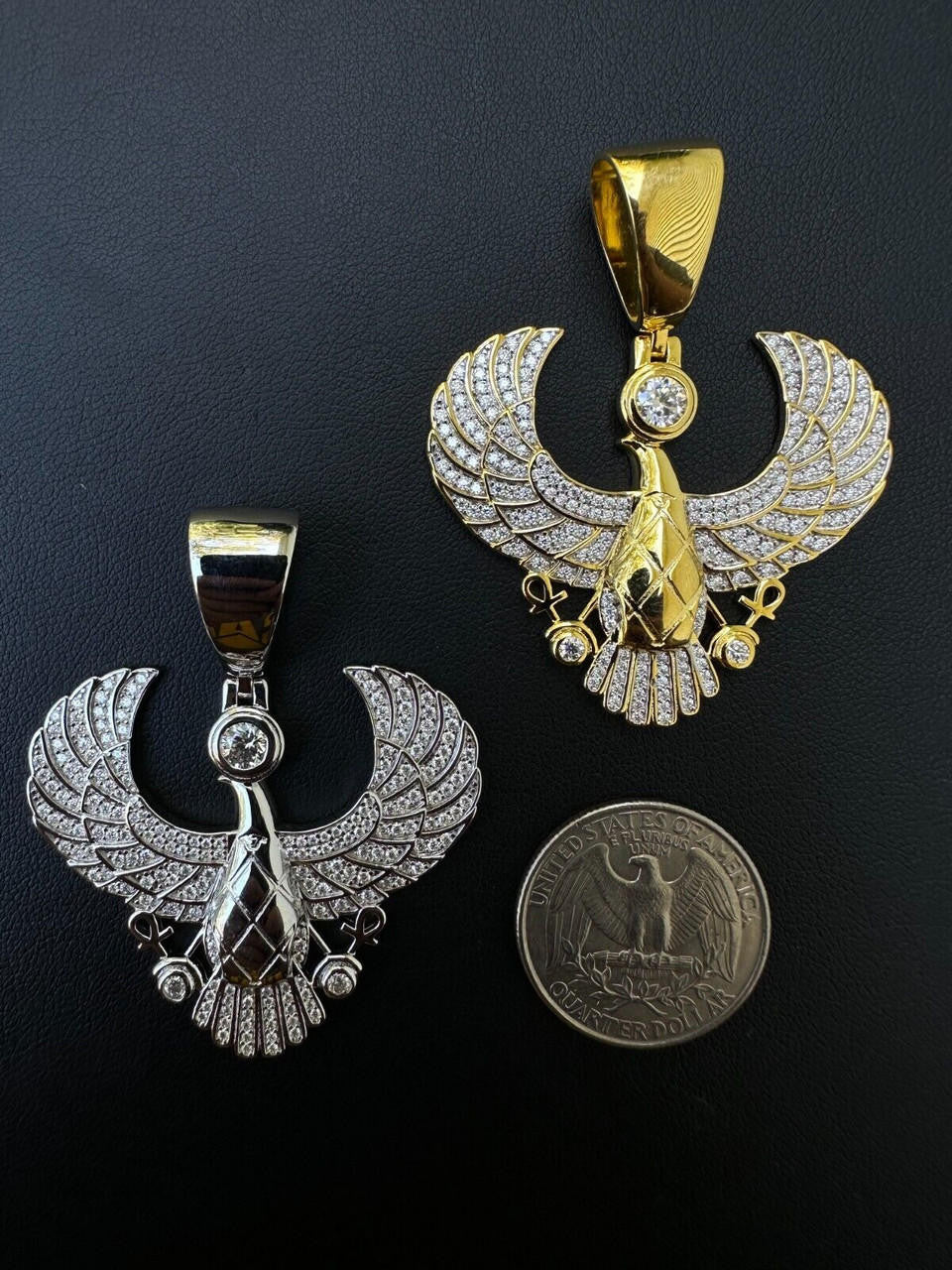 A Detailed View Of 14k White Gold or 14k Yellow Gold VVS Moissanite Horus Falcon Wing Pendant Necklace with Black Background