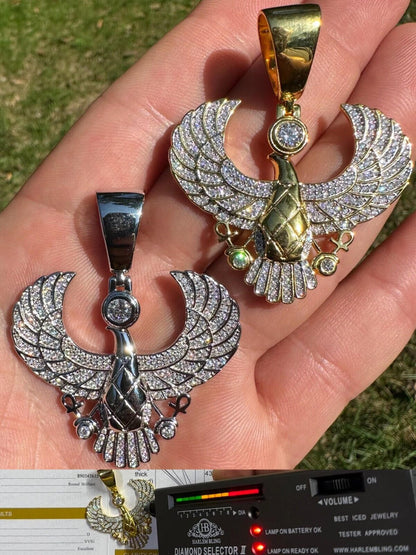 Moissanite Horus Egyptian Falcon Wing Pendant Necklace in 14k White & Yellow Gold on 925 Sterling Silver Chain