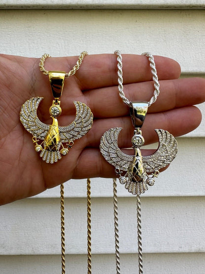 Hand Model Showing 14k White Gold or 14k Yellow Gold VVS Moissanite  Horus Wing Pendant 925 Sterling Silver Necklace