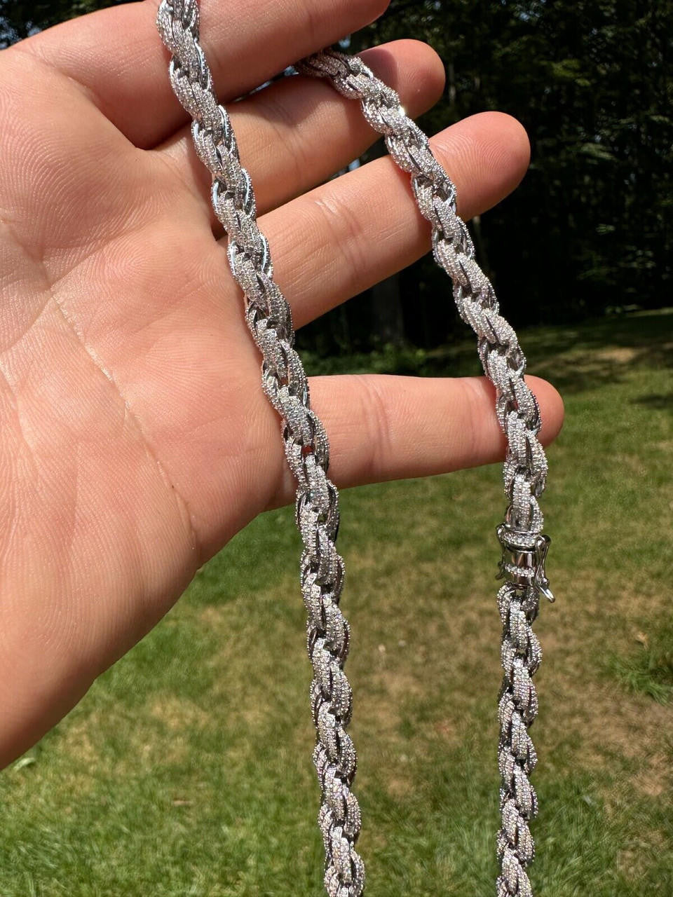 9mm White Gold Iced-out Diamond-Cut Rope Chain Necklace, Twisted Rope Chain Necklace Vvs Moissanite 925 Sterling Silver Necklace