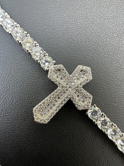 Moissanite Iced Cross Shape Tennis Bracelet Mens Ladies Hip Hop Real 925 Silver